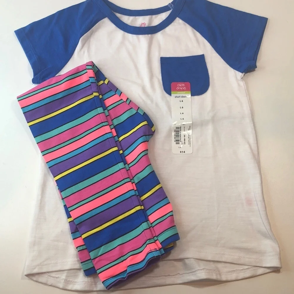 NEW Okie Dokie White Blue Tee shirt Multi Color Striped Leggings Top 6 pant 6X